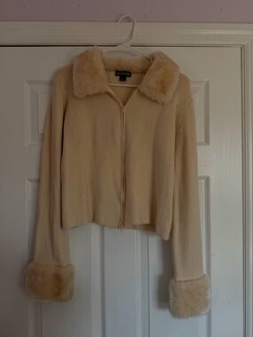 Cream Zip-Up Teddy Jacket with Faux-Fur Collar